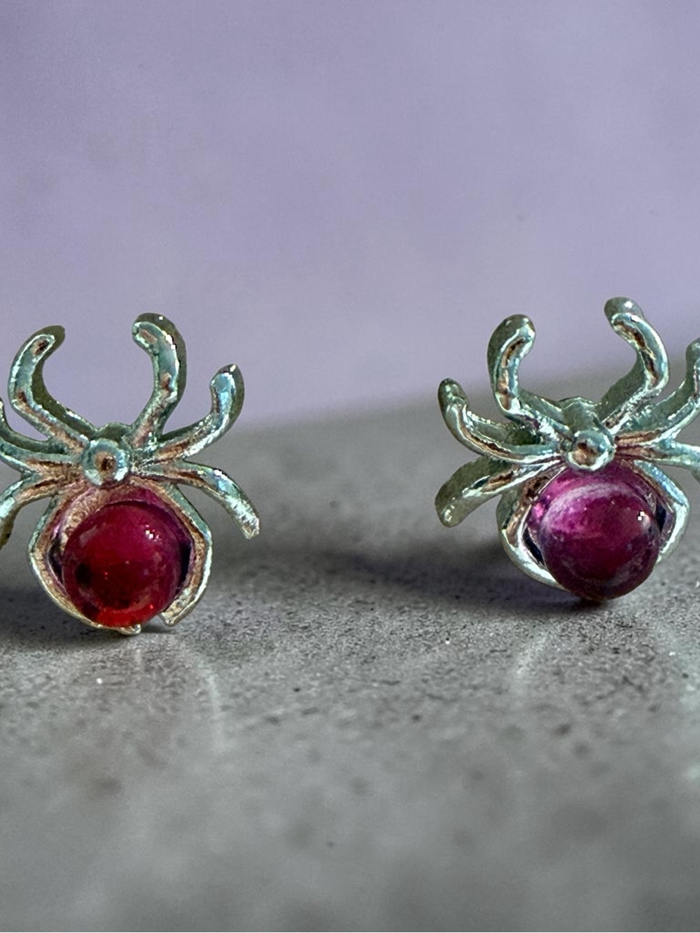 Sterling Silver Spider Stud Earrings with Red Gemstone